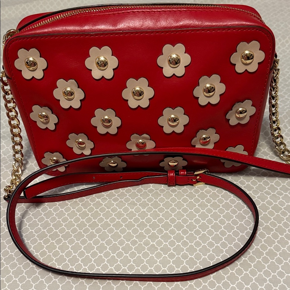 Michael Kors Red Floral Crossbody Bag with Gold Accents